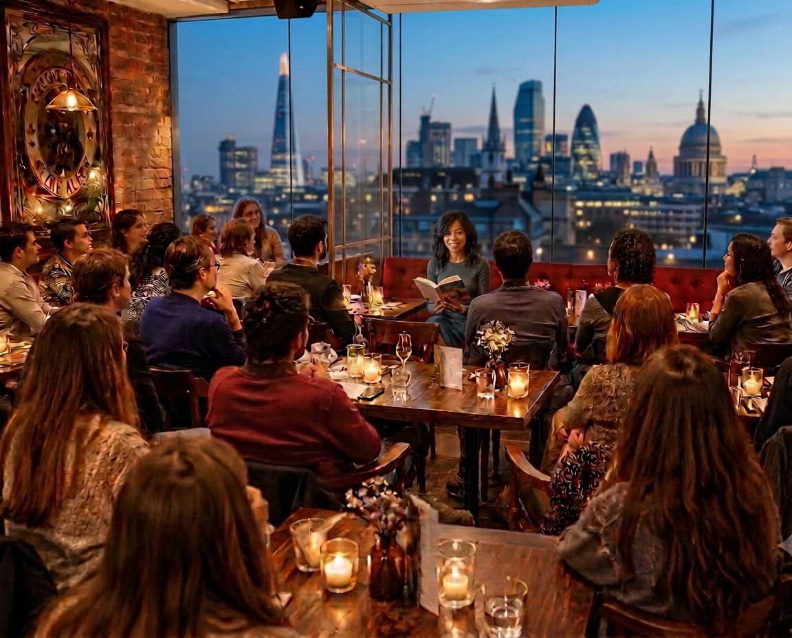 A candlelit brick room prepared for a sarau: an open book of poetry on the table, a glass of wine and a circle of empty chairs, with the London dusk sky through the window